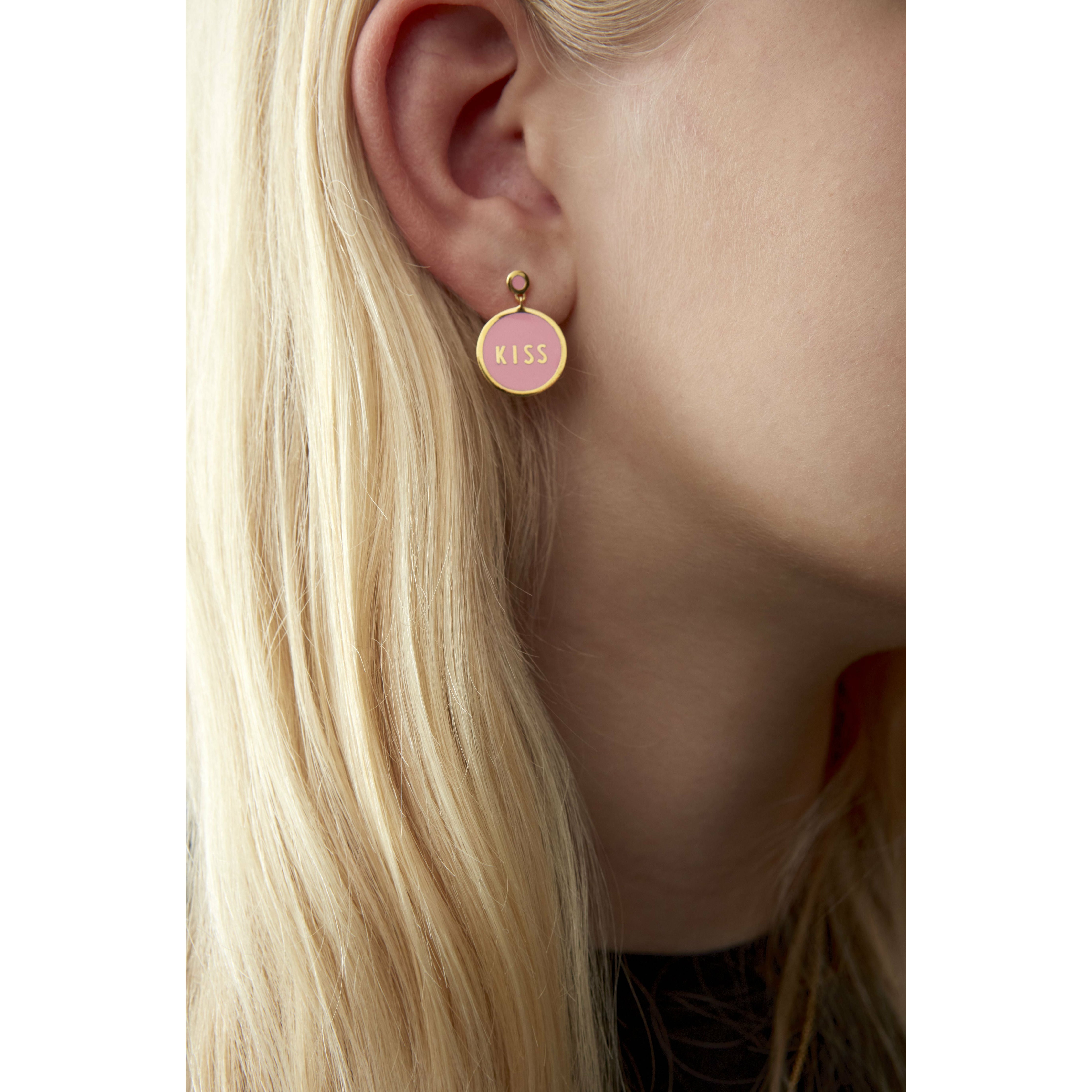 Design Letters Candy Disc Earring's Kiss Brass Gold Platted, Pink
